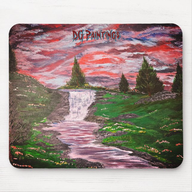 DG Paintings Solnedgång Äng Vattenfall Musmatta (Framsidan)