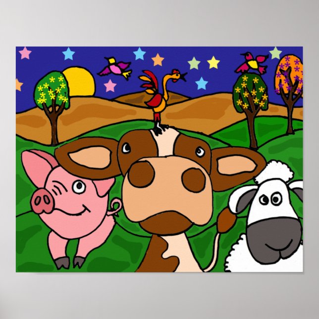 DH- Funny Folk Art Barnyard Animals Poster (Framsidan)
