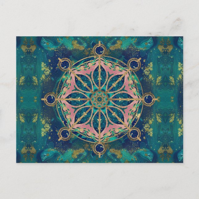 Dharma Wheel - Dharmachakra Ädelsten & Guld Vykort (Framsida)