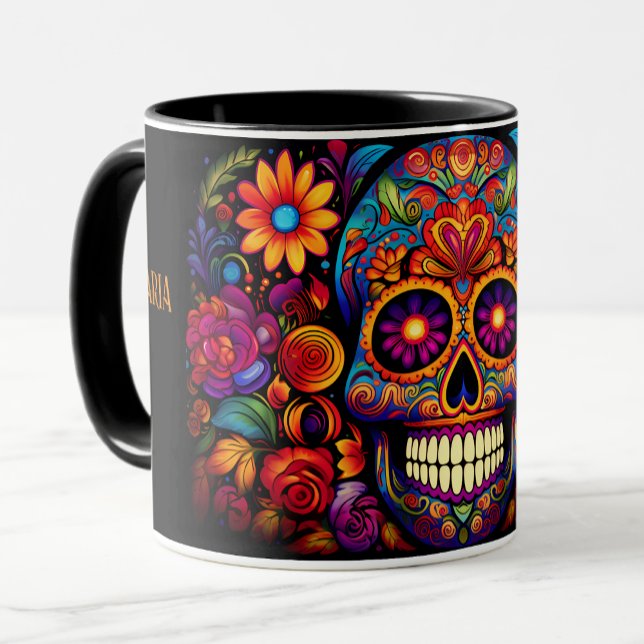 Dia de los Muertos Add Namn Skull Himlar Black Ins Mugg (Skapare uppladdad)