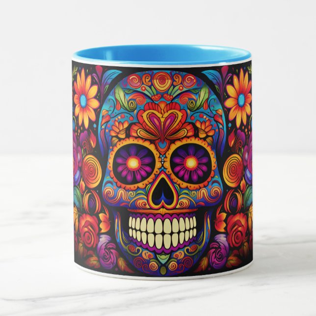 Dia de los Muertos Add Namn Skull Himlar Blue Insi Mugg (Skapare uppladdad)