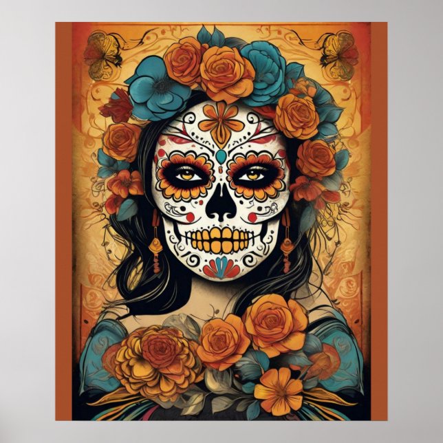 Dia de los Muertos Art: Blommigt Sugar Skull Makeu Poster (Framsidan)