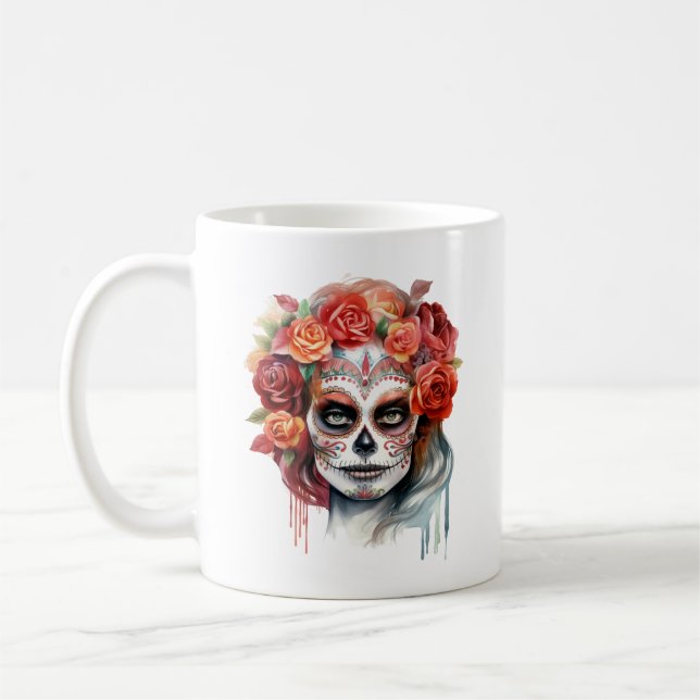 Dia de los Muertos Bevackra Woman Sugar Skull Kaffemugg (Vänster)