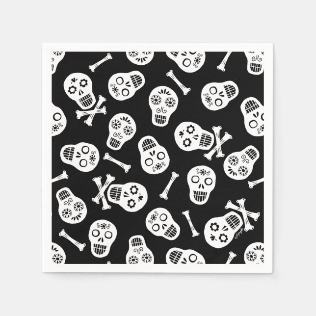 Dia de los Muertos Black and White Pappra Döskalla Pappersservett (Framsidan)
