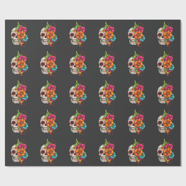 Día de los Muertos Blommiga Dödskalle Presentpapper (Platt)