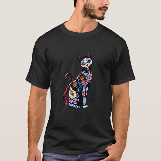 Dia de los Muertos Cat Day of the dead Halloween T Shirt (Framsida)