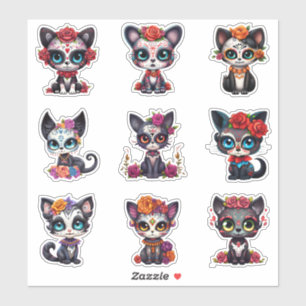 Dia de Los Muertos Cat Stickers - Uppsättning 9 Klistermärken