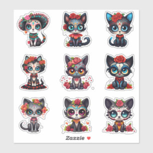 Dia de Los Muertos Cat Stickers - Uppsättning 9 Klistermärken