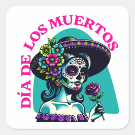 Día de los Muertos Catrina Rose Pop Art Fyrkantigt Klistermärke