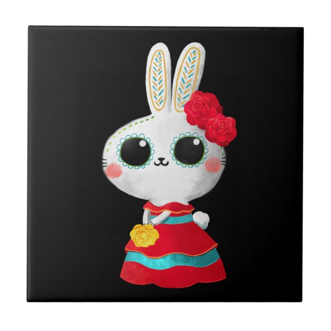 Dia De Los Muertos Cute Bunny Red Dress Mexican Kakelplatta (Framsidan)