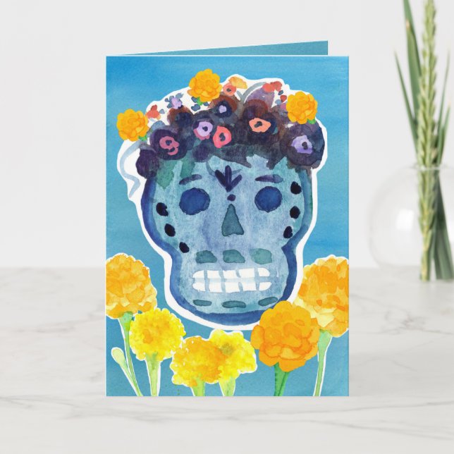 Día de los Muertos Dag för döda Skalle Sammetblomm Kort (Framsida)