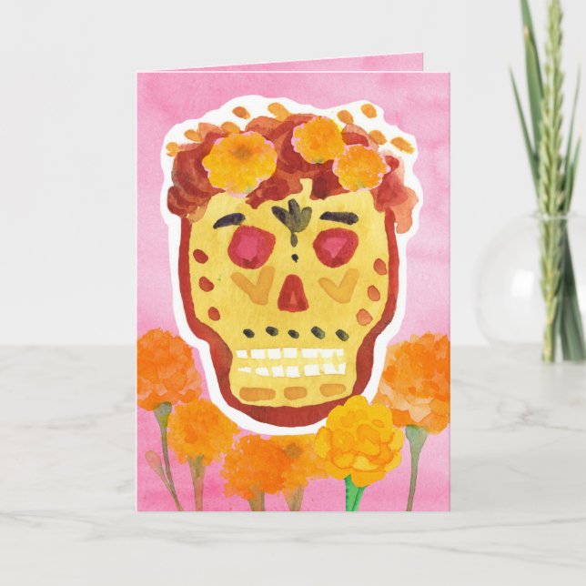 Dia de los Muertos Day of the Dead Skull Marigolds Kort (Framsida)