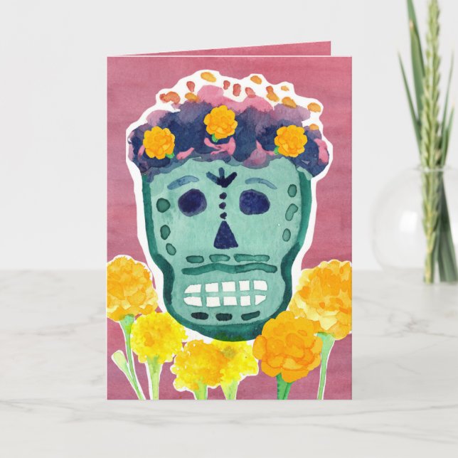 Dia de los Muertos Day of the Dead Skull Marigolds Kort (Framsida)