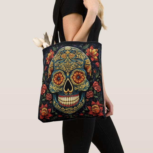 Dia de los Muertos Decorative Skull Tote Bag Tygkasse (Närbild)