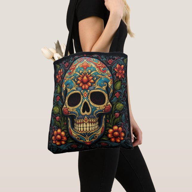 Dia de los Muertos Decorative Skull Tote Bag Tygkasse (Närbild)