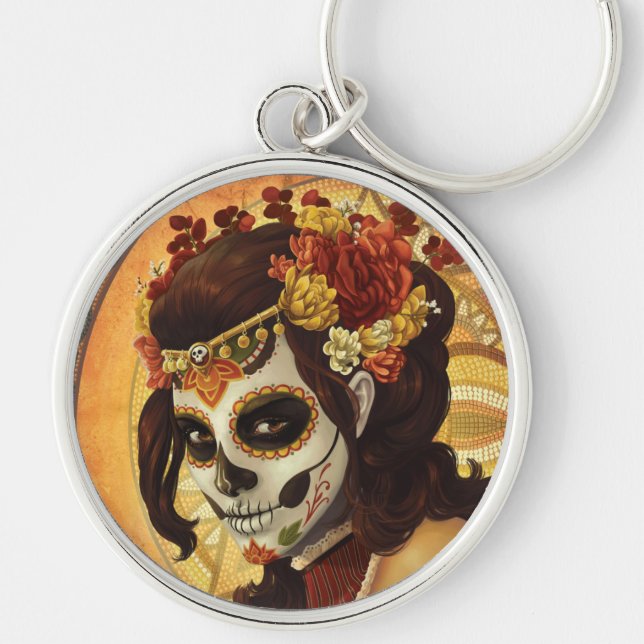 Dia De Los Muertos Dekorativ kudde Rund Silverfärgad Nyckelring (Framsidan)