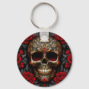 Dia de los Muertos Dödskalle med röda rosor Nyckelring