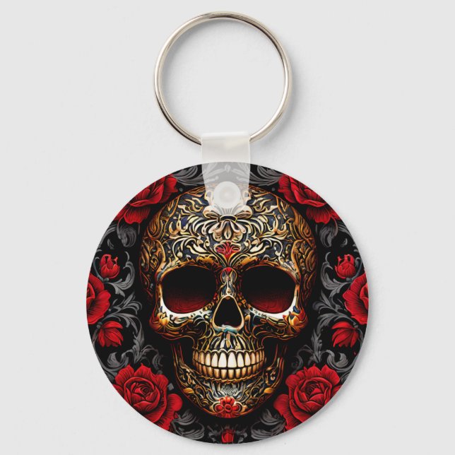 Dia de los Muertos Dödskalle med röda rosor Nyckelring (Framsida)