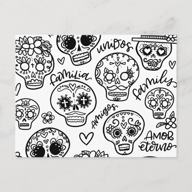 Dia De Los Muertos - Färgning av sockerDöskallar Vykort (Framsida)