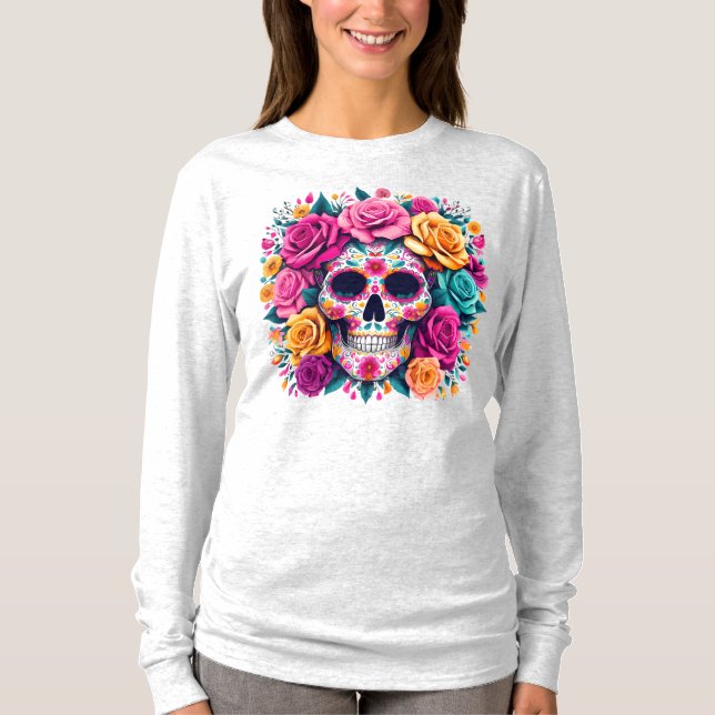 Día de los Muertos Floral Sugar Skull Art T Shirt (Framsida)