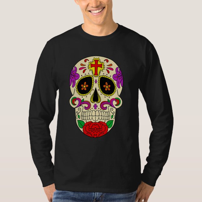 Dia De Los Muertos Flower Flower Mask Skull T Shirt (Framsida)