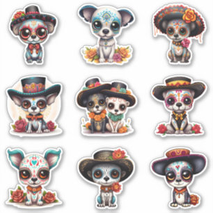 Dia de Los Muertos Hund Stickers - Uppsättning 9 Klistermärken