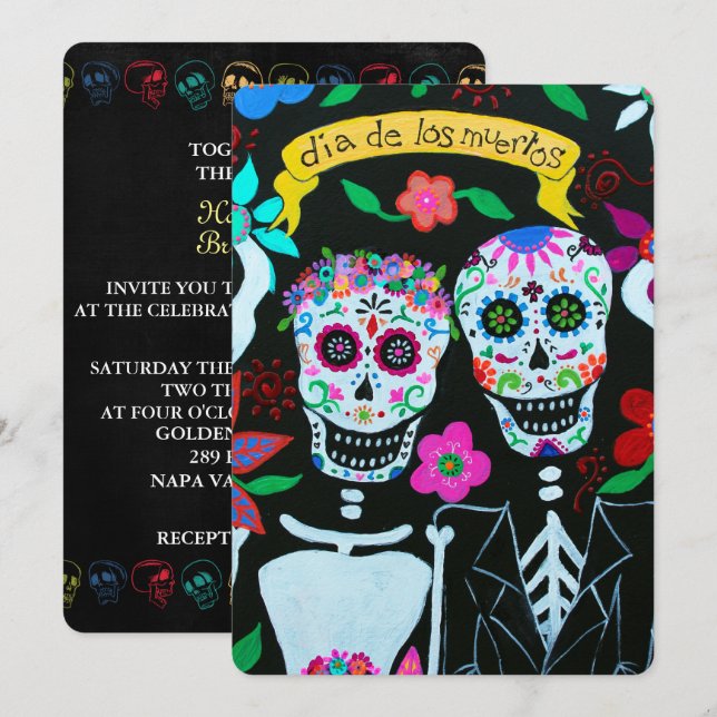 DIA DE LOS MUERTOS KÄRLEK COUPLE BRÖLLOP INBJUDNINGAR (Fram/baksida)