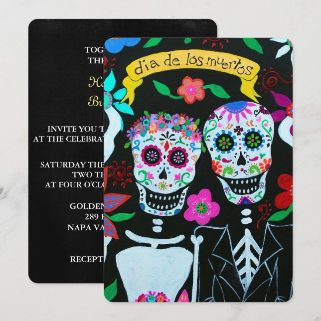 DIA DE LOS MUERTOS KÄRLEK COUPLE BRÖLLOP INBJUDNINGAR (Fram/baksida)