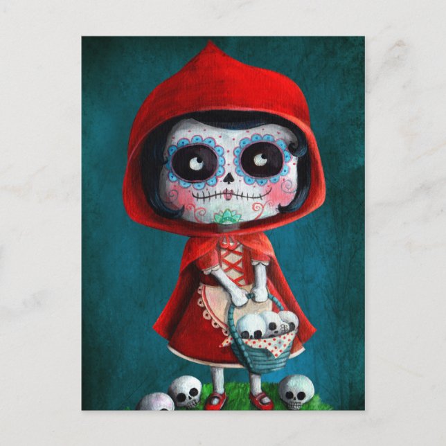 Dia de los Muertos Little Red Riding Huva Vykort (Framsida)
