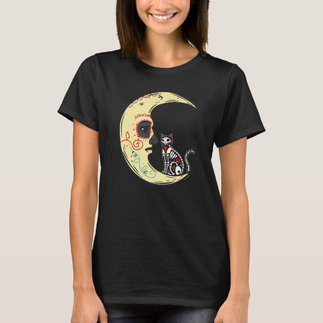 Dia De Los Muertos Måne Sugar Skeleton Cat X Ray T Shirt (Framsida)