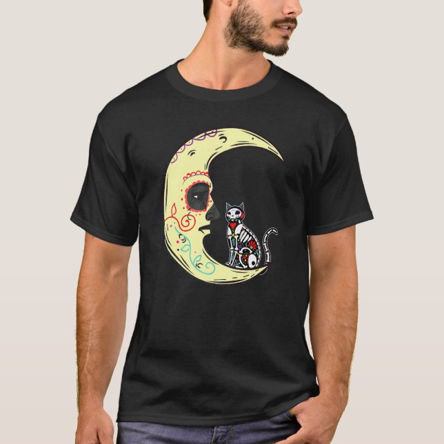 Dia De Los Muertos Moon Sugar Skelett Katt Röntgen T Shirt (Framsida)