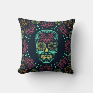 Dia de los Muertos Neon Blommigt Skull Dekorativ k Kudde
