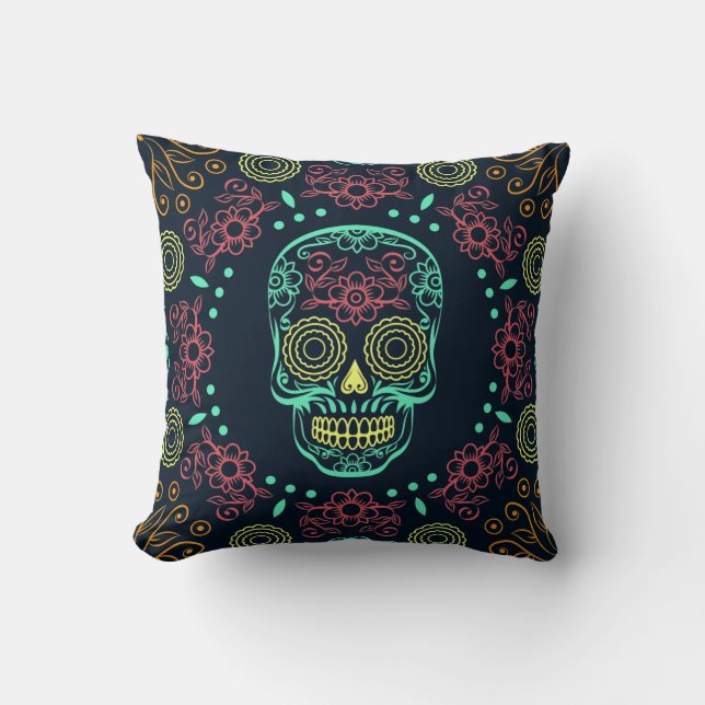 Dia de los Muertos Neon Blommigt Skull Dekorativ k Kudde (Framsida)