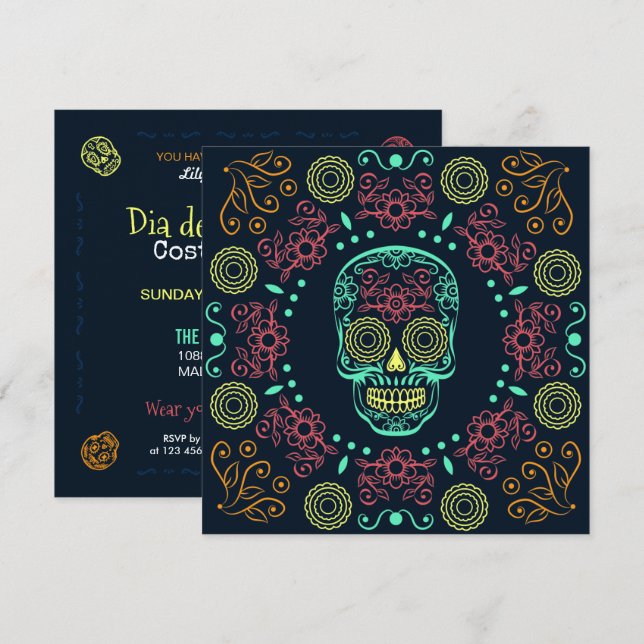Dia de los Muertos Neon Blommigt Skull | Inbjudan (Fram/baksida)