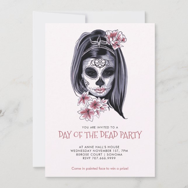 Dia De Los Muertos Party Rosé Röd Inbjudningar (Framsida)