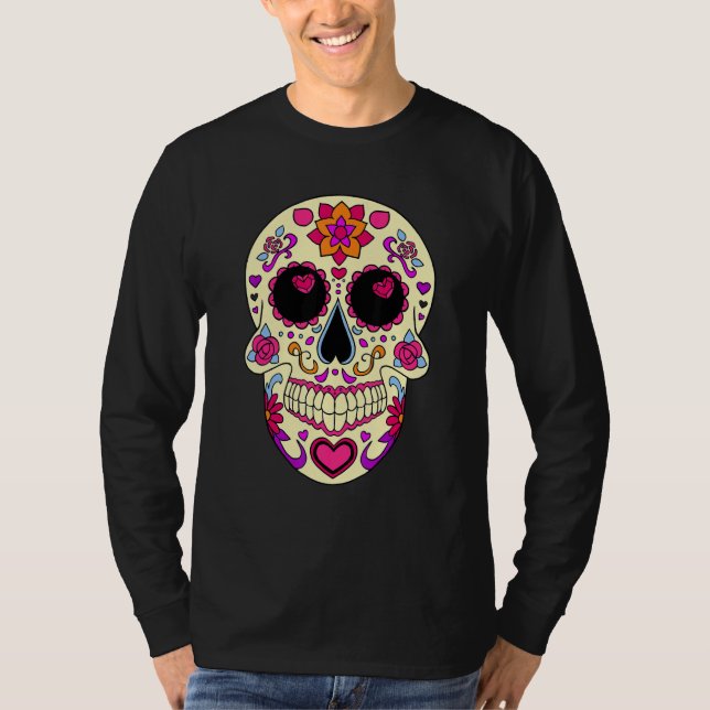 Dia De Los Muertos Pink Hearts Mask Skull T Shirt (Framsida)
