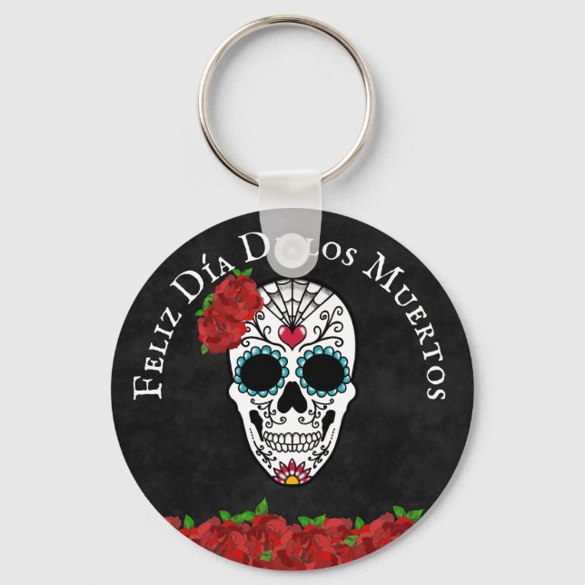 Dia De Los Muertos Red Turquise Sugar Skull Nyckelring (Framsida)