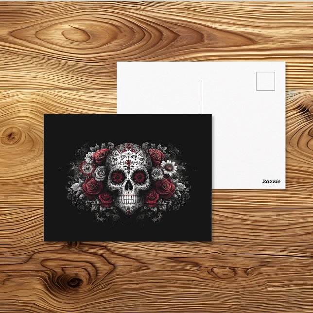 Día de los Muertos Röd Blommig Skallekonst Vykort (Skapare uppladdad)