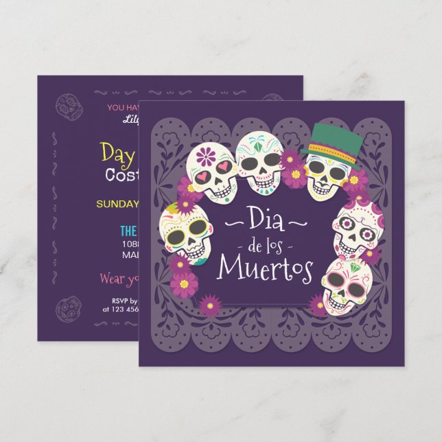 Dia de los Muertos Rosa Blommigt Döskallar| Inbjud Inbjudningar (Fram/baksida)