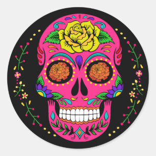 Día de los Muertos Rosa sockerskalle Halloween Runt Klistermärke