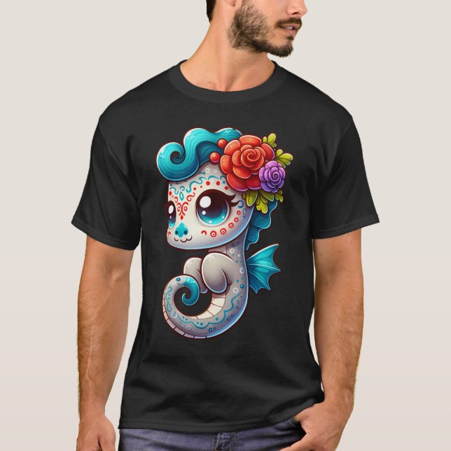 Dia De Los Muertos Seahorse T Shirt (Framsida)