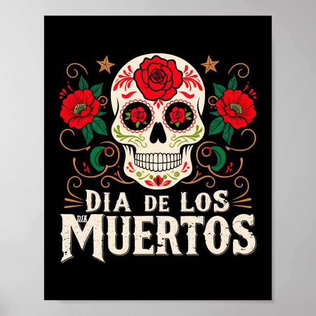 Dia de los muertos skalle och blommor poster (Framsidan)