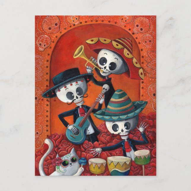 Dia de Los Muertos Skeleton Mariachi Trio Vykort (Framsida)