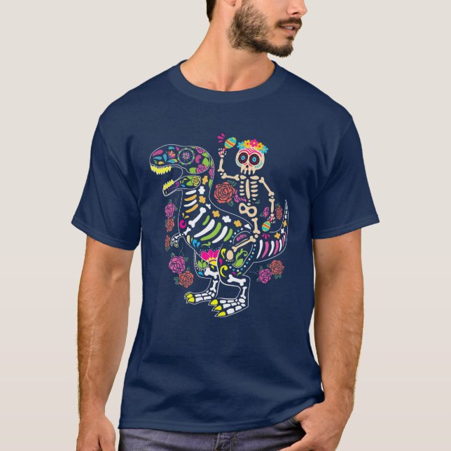 Dia De Los Muertos Skeleton Riding Dinosaur Boys M T Shirt (Framsida)
