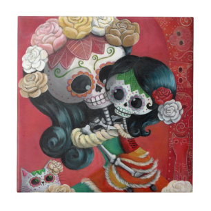 Dia de Los Muertos Skeletons Mor och Dotter Kakelplatta