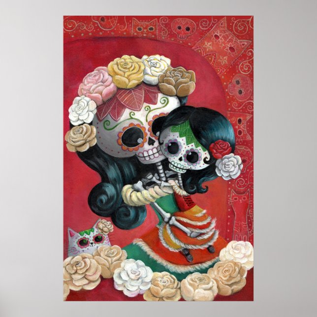 Dia de Los Muertos Skeletons Mor och Dotter Poster (Framsidan)