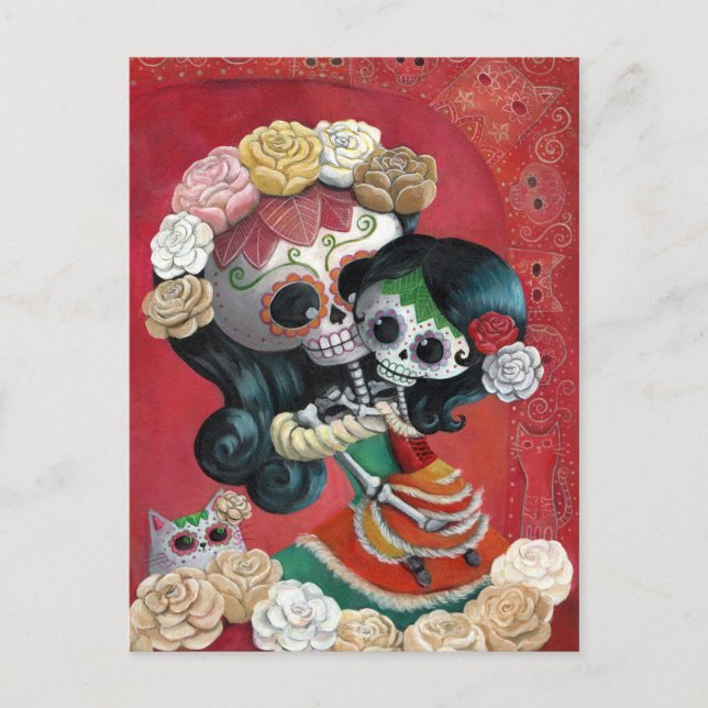 Dia de Los Muertos Skelett Mor och Dotter Vykort (Framsida)