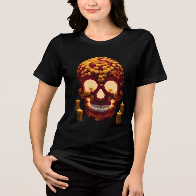 Dia de los Muertos Skull Made of Marigold Flowers T Shirt (Framsida)