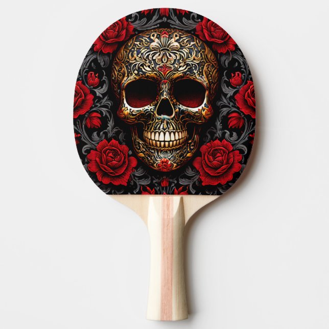 Dia de los Muertos Skull med Röd ros Pingisracket (Framsidan)