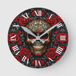 Dia de los Muertos Skull och Röd ros Rund Klocka